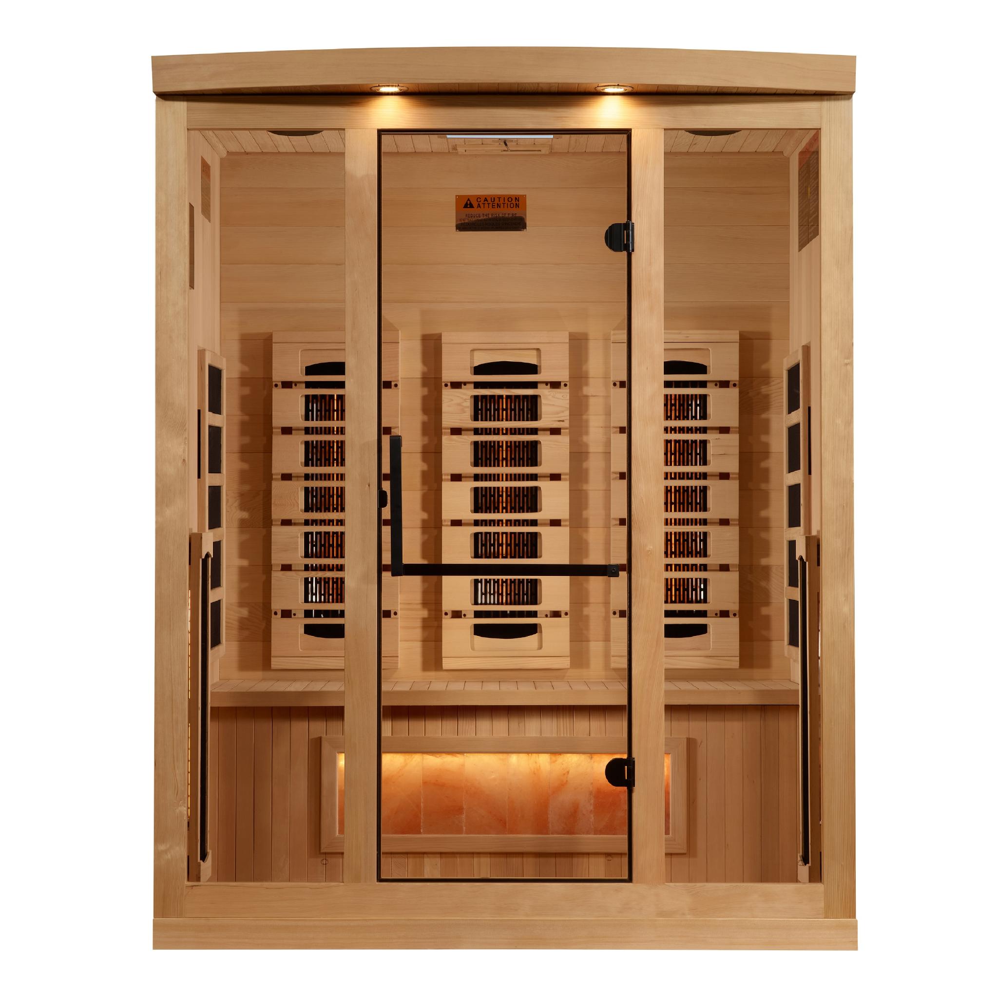 Golden Designs 3-Person Full Spectrum PureTech Near Zero EMF FAR Infrared Sauna with Himalayan Salt Bar and Red Light