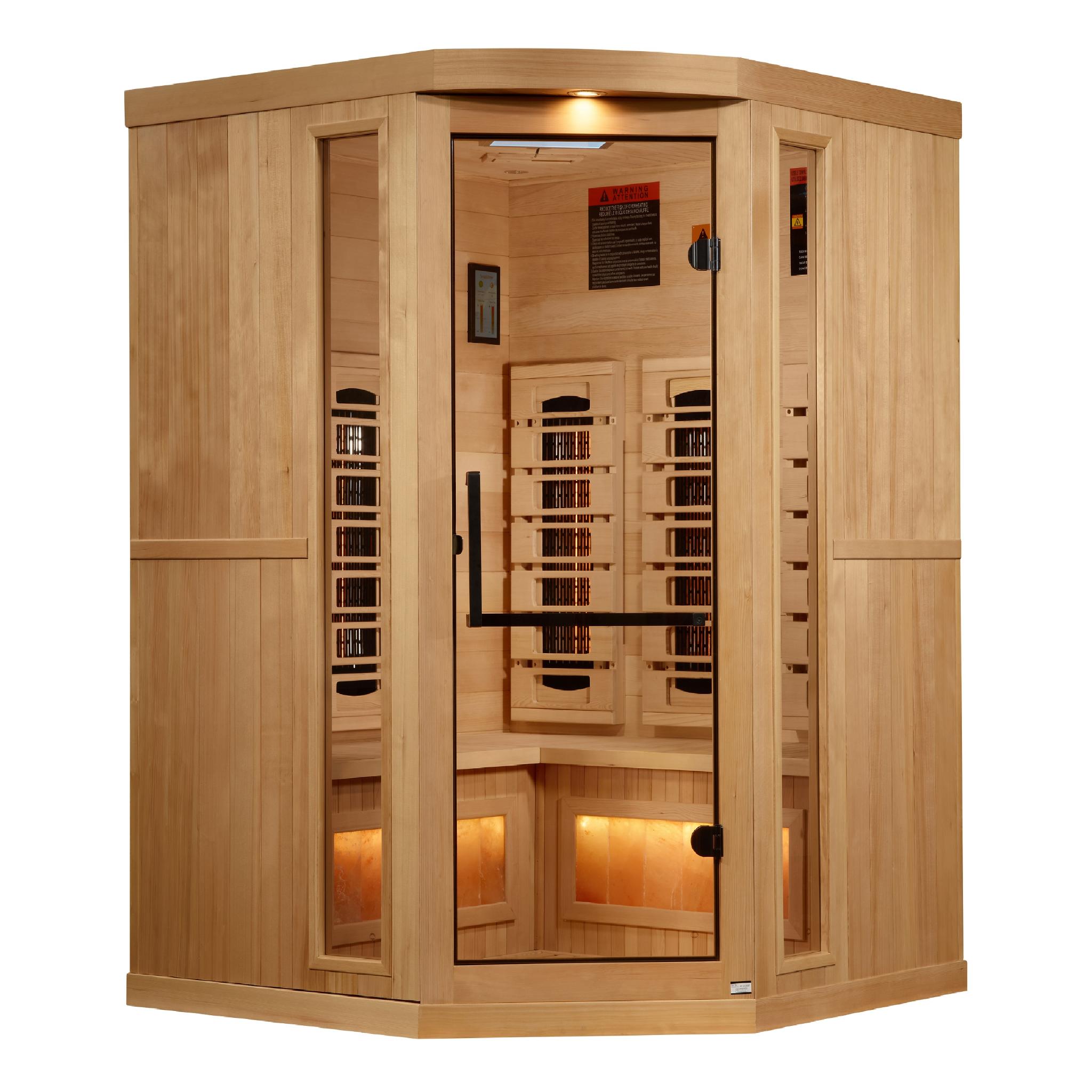 Golden Designs 3-Person Corner Full Spectrum PureTech Near Zero EMF FAR Infrared Sauna with Himalayan Salt Bar