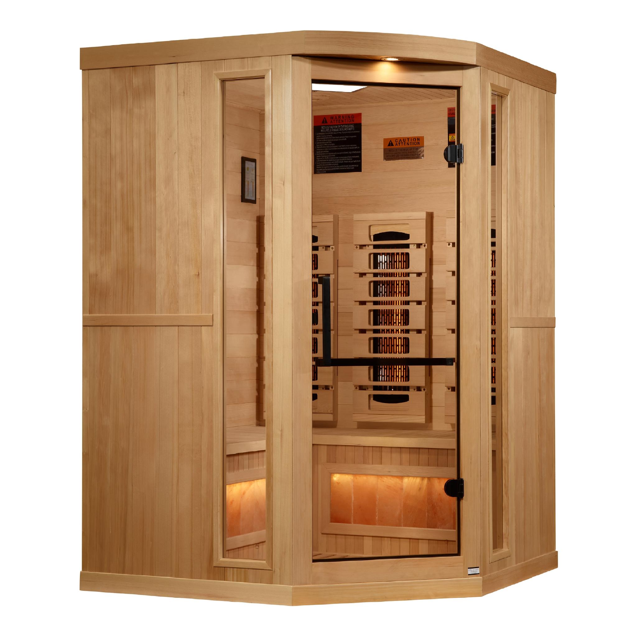Golden Designs 3-Person Corner Full Spectrum PureTech Near Zero EMF FAR Infrared Sauna with Himalayan Salt Bar