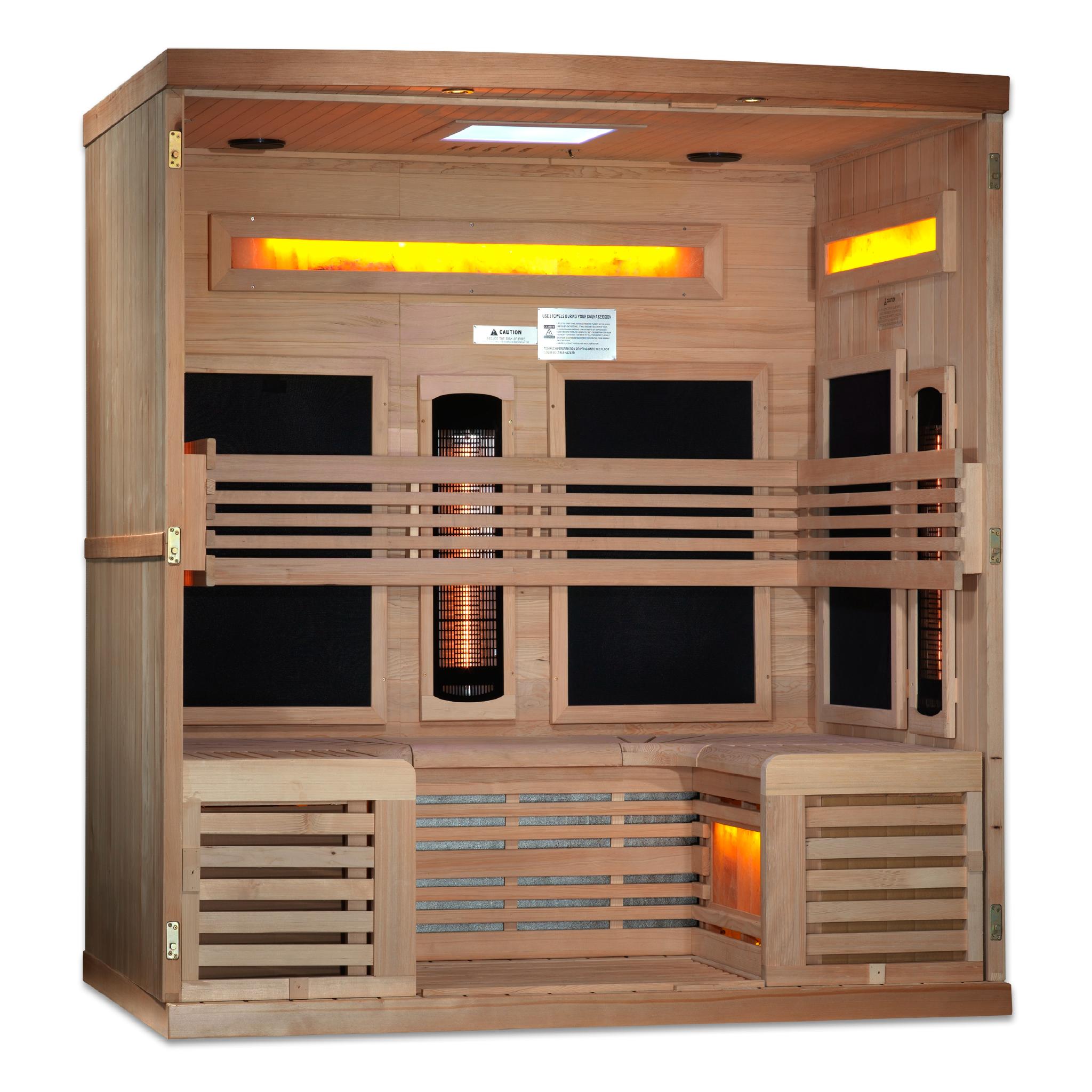 Golden Designs 6-Person Full Spectrum PureTech Near Zero EMF FAR Infrared Sauna with Himalayan Salt Bar